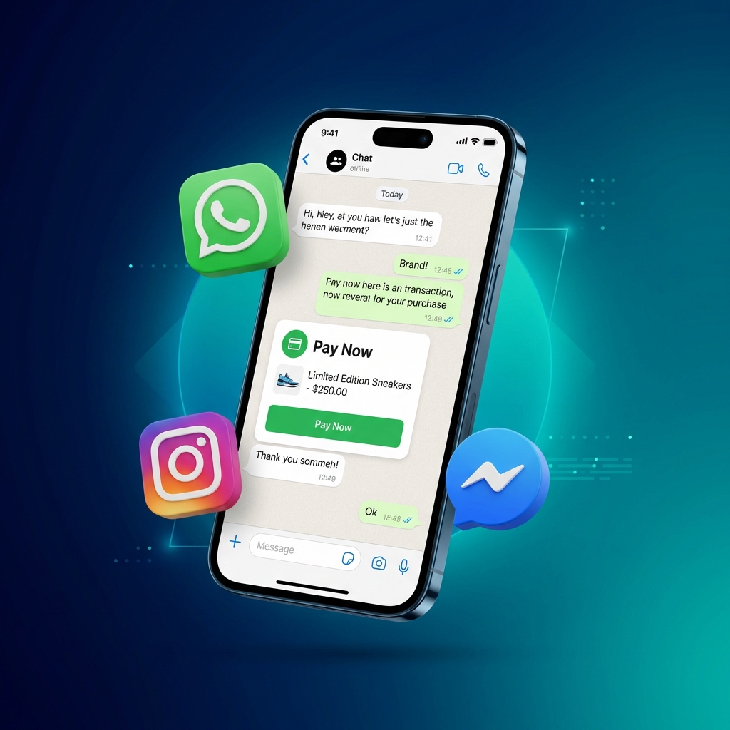 Smartphone showing Chat-to-Checkout in WhatsApp/Instagram